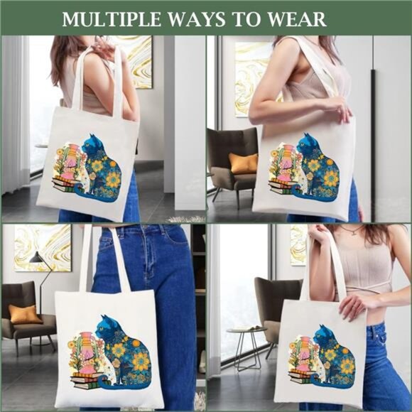 Canvas Tote Bag for Women Aesthetic Cute Cat Shopping Grocery Reusable Bag - Picture 5 of 6